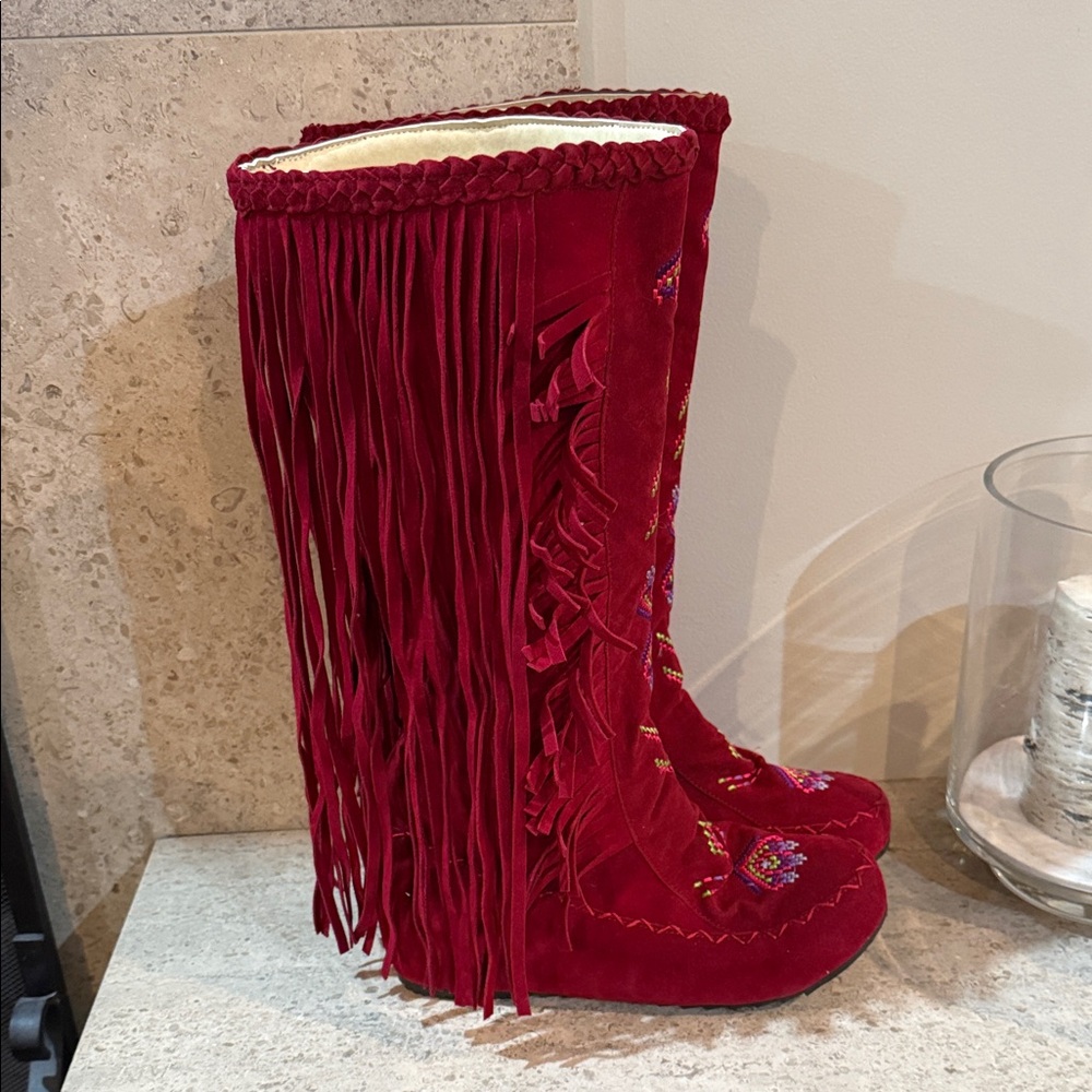 Fringe Embroidered Red Boots - image 2